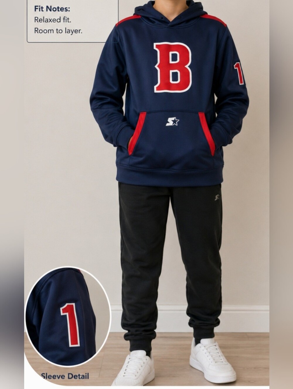 Starter Boys Navy Performance Hoodie Varsity "B" Pullover Youth Large